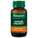 Thompson's Immune Protect dietary supplement in an amber glass bottle with a green cap and dark green label featuring an orange band at the bottom.