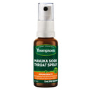 Thompson's Manuka Sore Throat Spray bottle on a white background