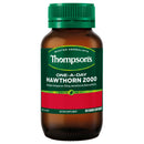 Thompson's One-A-Day Hawthorn 2000 dietary supplement in an amber brown bottle with a green cap and a green and red label.