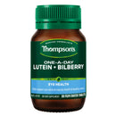 Thompson's One-A-Day Lutein + Bilberry dietary supplement bottle, containing 30 film-coated tablets. The product features an amber brown bottle, a green ribbed cap, and a green label with white and light blue text.