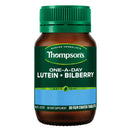 Thompson's One-A-Day Lutein + Bilberry dietary supplement bottle, containing 30 film-coated tablets. The product features an amber brown bottle, a green ribbed cap, and a label with green, white, and light blue sections.