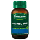 Thompson's Organic Zinc dietary supplement bottle, containing 180 uncoated tablets. The product features an amber brown bottle, a green ribbed cap, and a green and blue label with white text.
