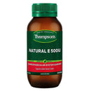 Thompson's Natural E 500IU dietary supplement in an amber brown bottle with a green cap and a dark green label featuring white and red text.