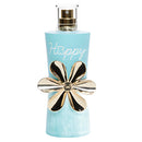 Perfume bottle with gold flower design on a light blue background