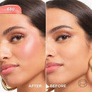 Before and after comparison of a woman's face with makeup product labeled '630'.