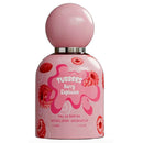 A pink perfume bottle with a matching spherical cap, labeled 'TUBBEES Berry Explosion' in white text over a pink splash graphic, decorated with red raspberry illustrations. The bottle is photographed on a clean white background.