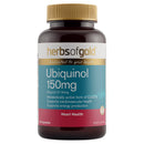 A bottle of Herbs of Gold Ubiquinol 150mg dietary supplement, featuring a dark amber bottle, gold cap, and a label with teal, white, and burgundy sections.