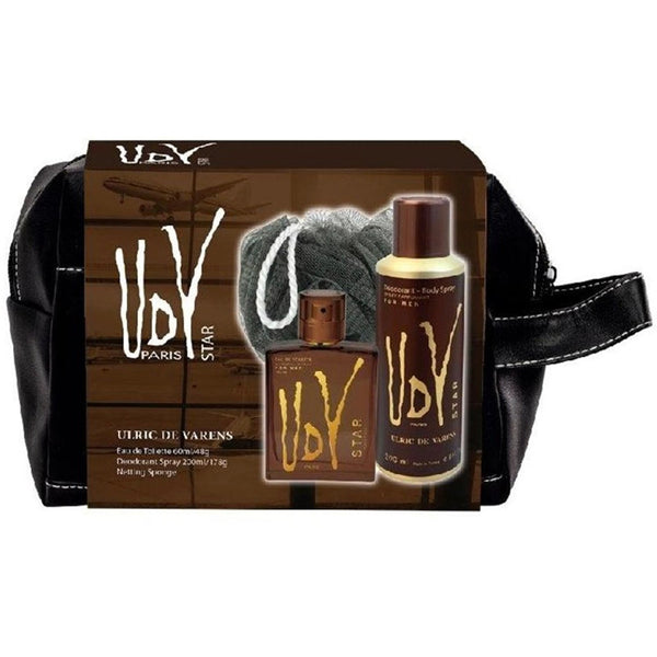 UDY Paris Star perfume set with two bottles and a pouch on a white background