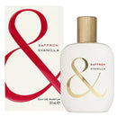 Perfume bottle and packaging of 'Saffron & Vanilla' on a white background