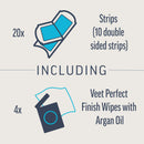 Product packaging with text indicating included items on a light gray background