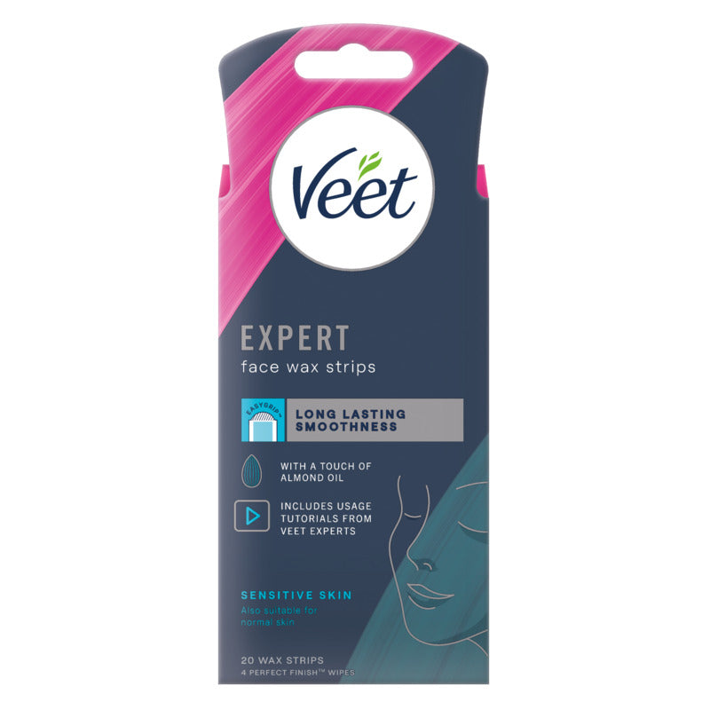 Veet expert face wax strips packaging on a white background