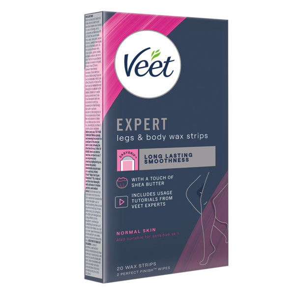 Veet expert legs and body wax strips packaging on a white background