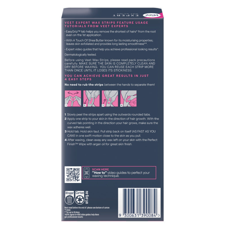 Back of a Veen Expert wax strips packaging with text and QR code.