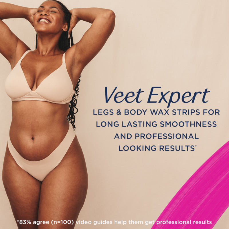 Advertisement for Veet Expert wax strips with a model wearing a beige bikini against a beige background.