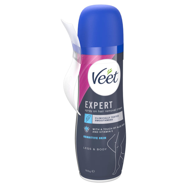 Veet spray on hair removal cream bottle with blue and white design on a white background