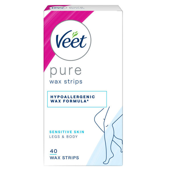 Box of Veet pure wax strips on a white background