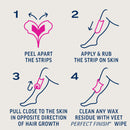 Step-by-step guide for using hair removal strips with illustrations and text.