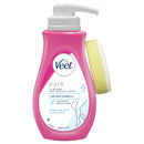 Veet pure in shower hair removal cream with a pump and applicator on a white background