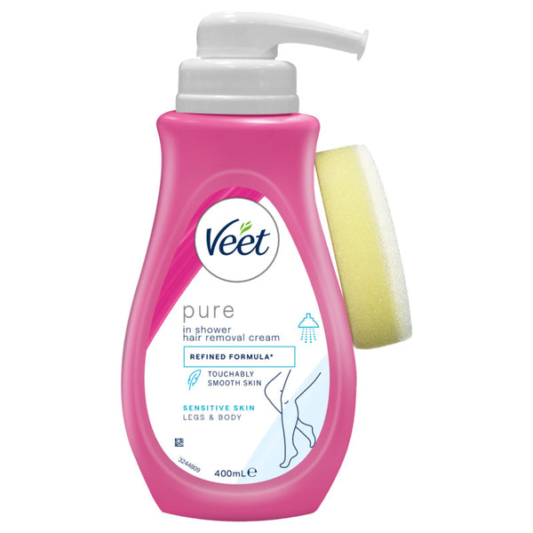 Veet pure in shower hair removal cream with a pump and applicator on a white background
