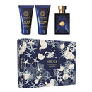 Versace Dylan Blue perfume set with bottle, two bottles of body wash, and packaging on a white background