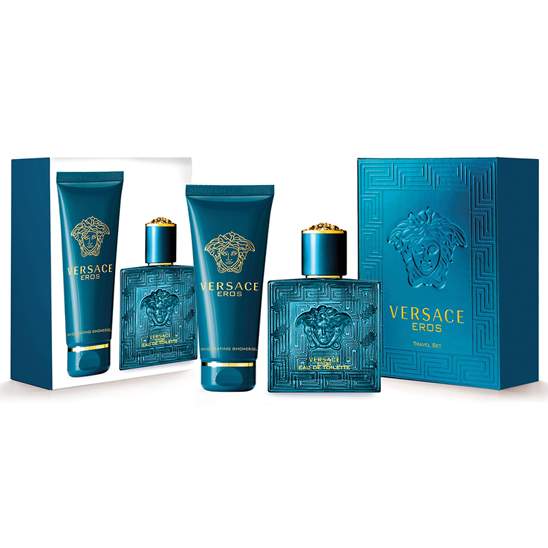 A Versace Eros Eau De Toilette 2 Piece Gift Set, including a bottle of eau de toilette, a tube of after-shave, and a box packaging, all presented with a blue design and Versace branding.