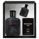 Whisky-themed perfume set with bottles and packaging on a gray background