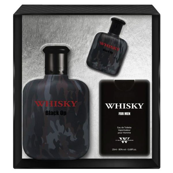 Whisky-themed perfume set with bottles and packaging on a gray background