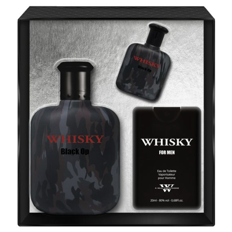 Whisky-themed perfume set with bottles and packaging on a gray background