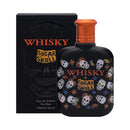 Black whisky-themed perfume bottle with colorful skull designs and orange cap, next to black packaging with 'Whisky Sugar Skull' text.