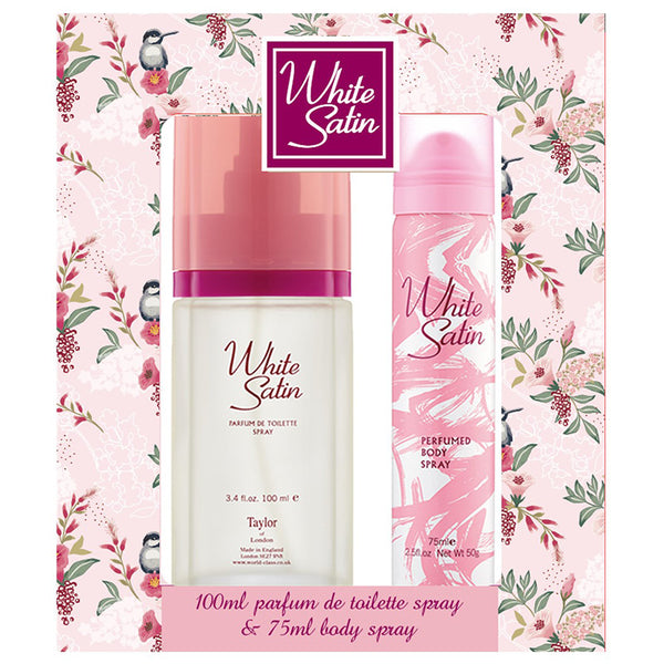 A gift set by White Satin including a 100ml Eau de Parfum spray and a 75ml Eau de Body spray, both with floral designs on the packaging.