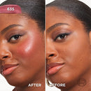 Before and after comparison of a woman's face with makeup product labeled '635'.