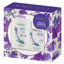 Yardley English Lavender gift set packaging with one bottle of body powder and one bar of soap, both with lavender fragrance, displayed in front of a floral patterned box.