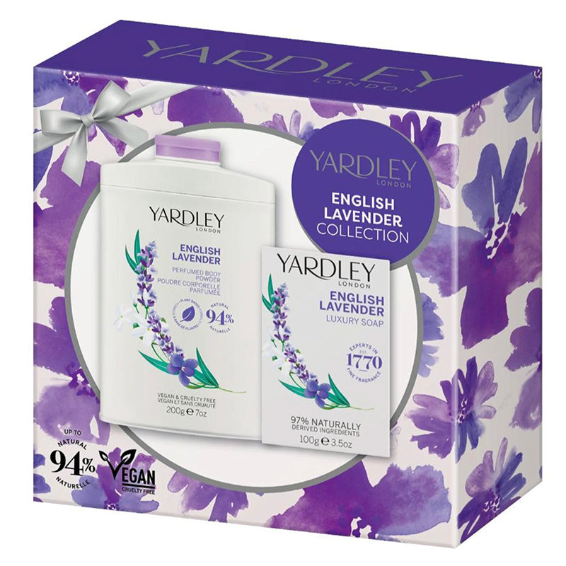 Yardley English Lavender gift set packaging with one bottle of body powder and one bar of soap, both with lavender fragrance, displayed in front of a floral patterned box.