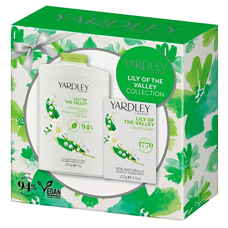 Yardley Lily of the Valley 2 Piece Gift Set packaging with one bar of soap and a shake-and-enclosed-tube of body powder, both featuring the Yardley logo and design elements of green leaves and flowers.