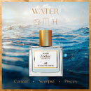 Perfume bottle with gold cap on water background, labeled 'Water Zodiac Elements'.