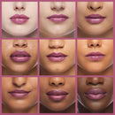 Collage of different skin tones with a purple lipstick on a pink background
