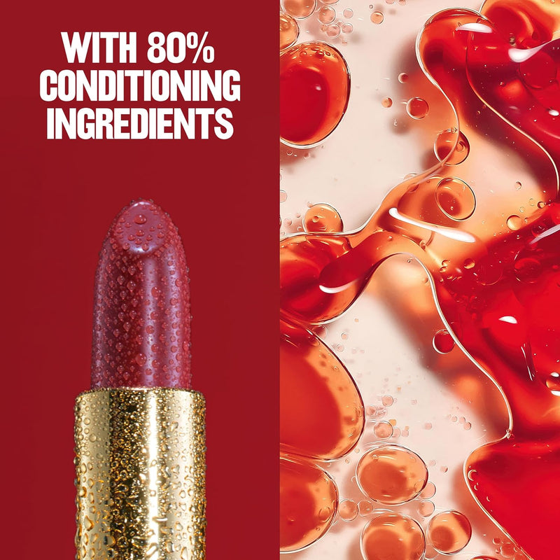 Lipstick with red and gold design on a red background with lip balm text