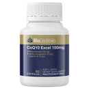 BioCeuticals CoQ10 Excel 150mg dietary supplement bottle with 60 capsules, featuring a white plastic bottle and cap with a navy blue and gold label.