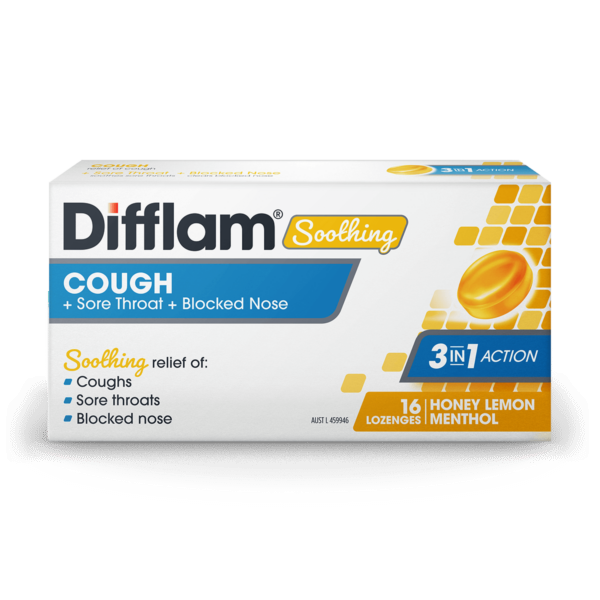 Difflam Soothing Cough + Sore Throat + Blocked Nose Honey & Lemon Lozenges 16 Pack