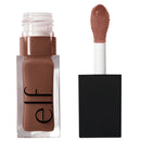 Brown lip gloss with applicator and color swatch on a white background