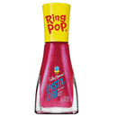 A bottle of Ring Pop Sally Hansen Insta-Dry Glittery Nail Color in the shade Shimmer Roses, featuring a bright pink glitter nail polish in a clear glass bottle with a yellow cap.