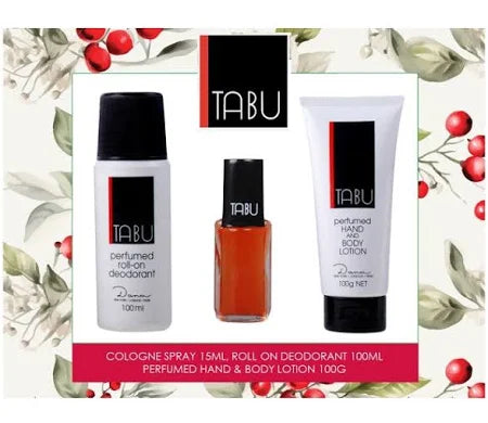 A gift set from Tabu including a 15ml cologne spray, a 100g hand and body lotion, and a 100ml roll on deodorant, displayed with a floral background.