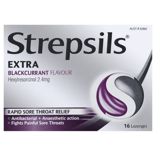 Strepsils Extra Blackcurrant Fast Numbing Sore Throat Pain Relief with Anaesthetic Lozenges 16pk