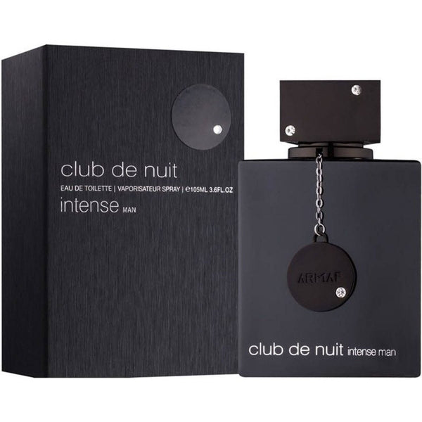 Armaf Club De Nuit Intense Man Eau de Toilette in a black bottle with a chain-like metallic cap, alongside its packaging box.