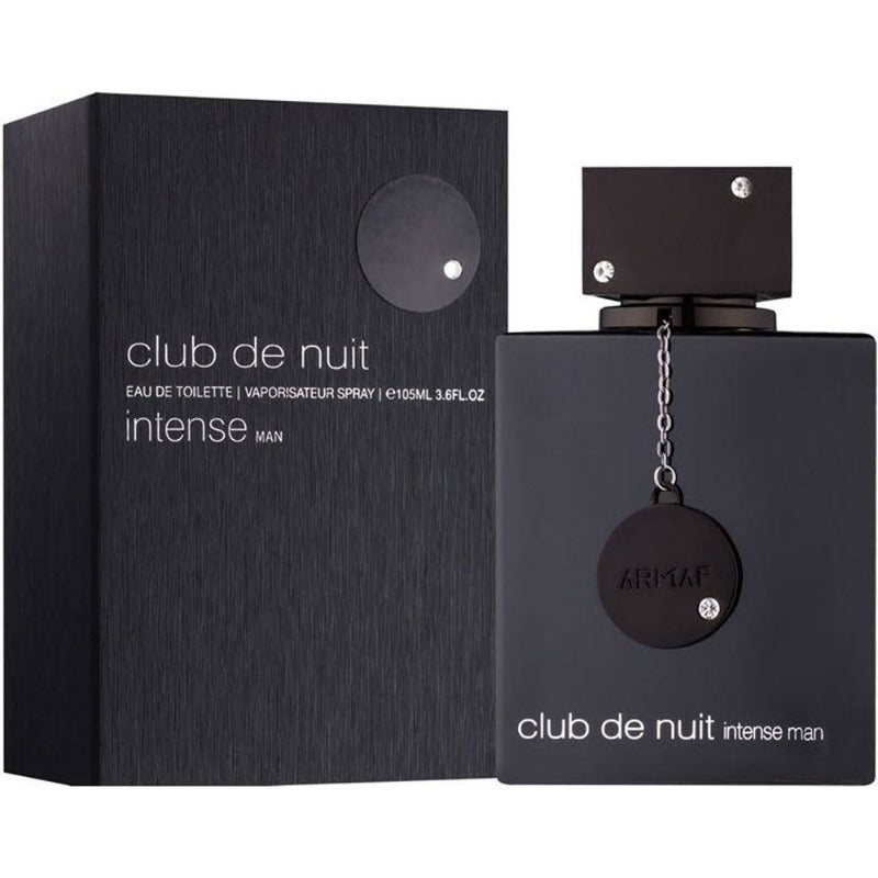Armaf Club De Nuit Intense Man Eau de Toilette in a black bottle with a chain-like metallic cap, alongside its packaging box.