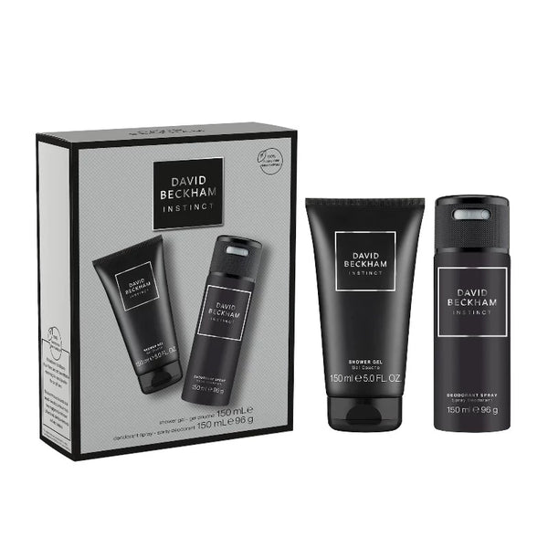 David Beckham Instinct Gift Set, including a 150ml deodorant and a 150ml shower gel, with packaging.