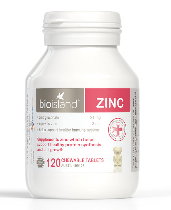 A plastic container of Bio Island Zinc chewable tablets with a label indicating 120 chewable tablets, suitable for children from 1 year +, with a milk flavor theme.