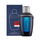 Hugo Dark Blue eau de toilette bottle and packaging, featuring a navy and blue color scheme with the Hugo Boss branding.
