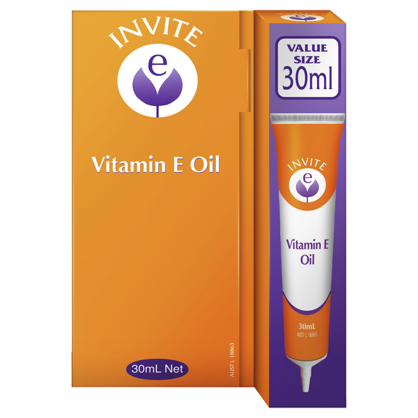 Packaging for Invite E Pure Oil 30mL, showing the product box and the bottle with a value size indicator.