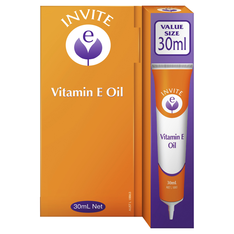 Packaging for Invite E Pure Oil 30mL, showing the product box and the bottle with a value size indicator.